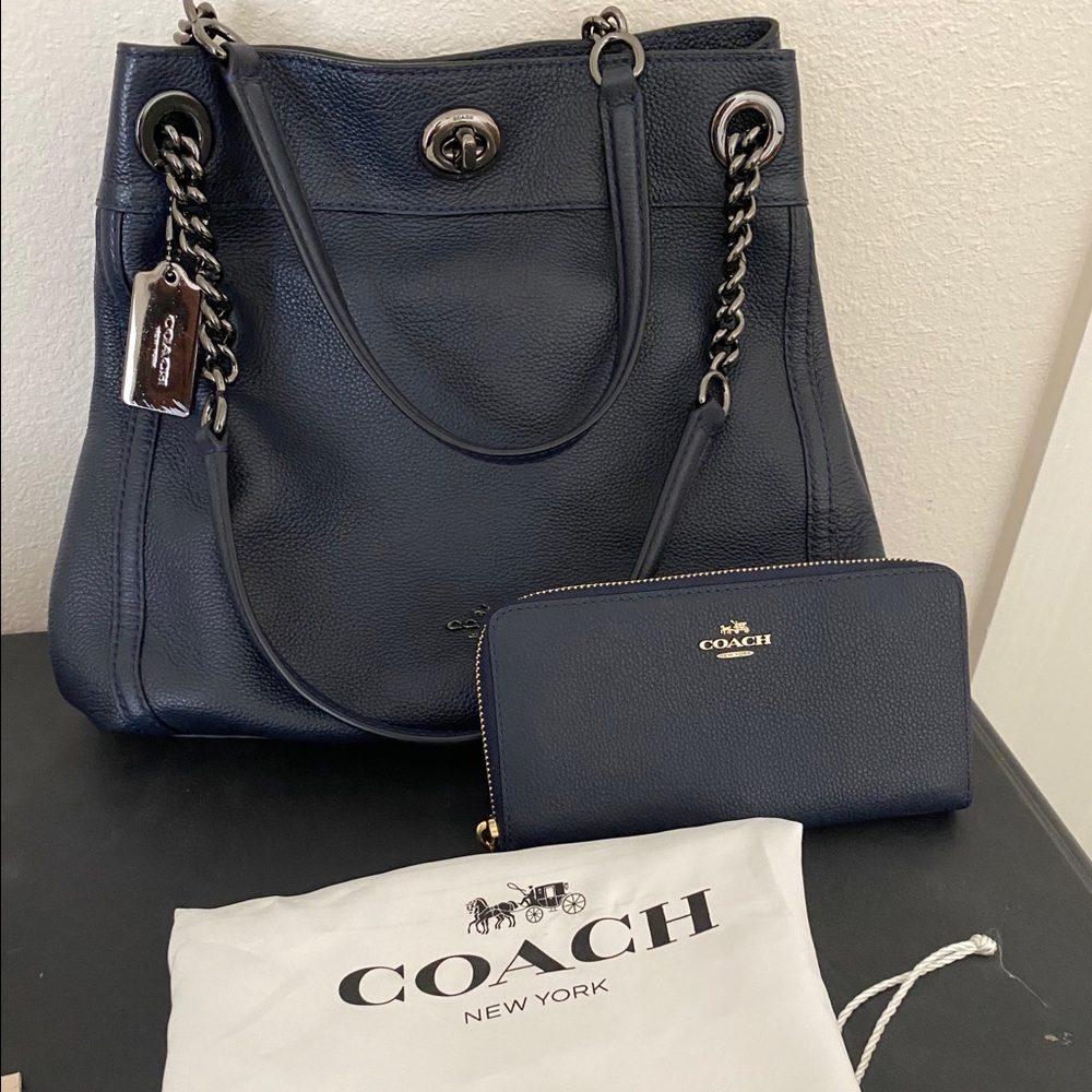 Navy leather coach bag and wallet set